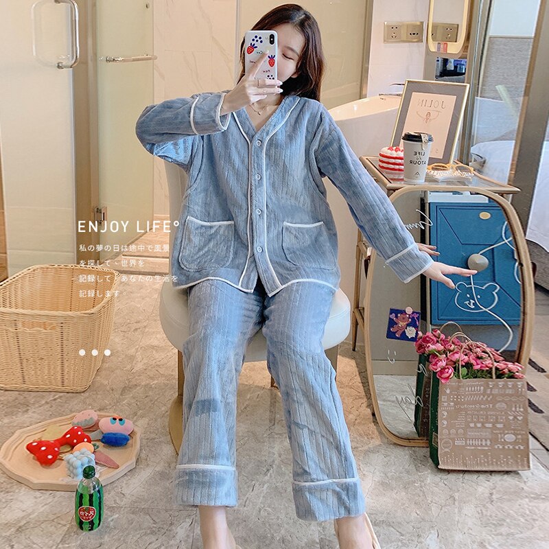 Kvinder pyjamas sæt hjemmetøj fleeced vinter efterår barsel pyjamas jakkesæt flannel amme pyjamas gravid amme nattøj