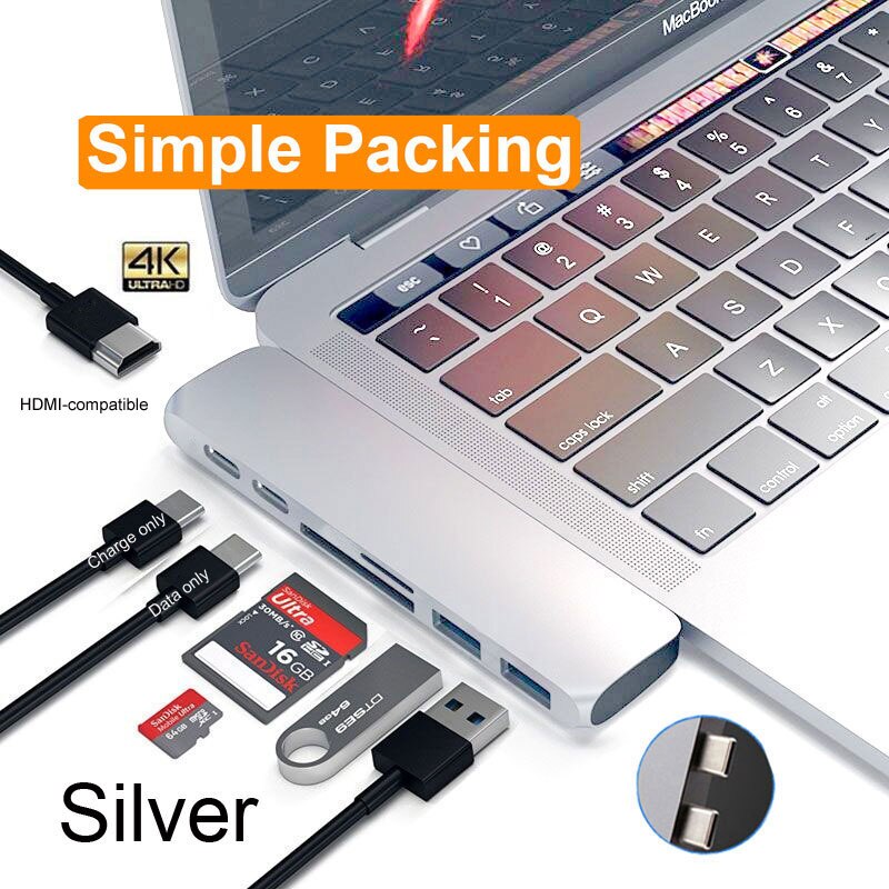 Marsea USB C Thunderbolt 3 Dock con HDMI compatible con Rj45 1000M Adaptador SD TF lector de 3,0 para MacBook Pro aire/tipo-c: Simple Box-silver