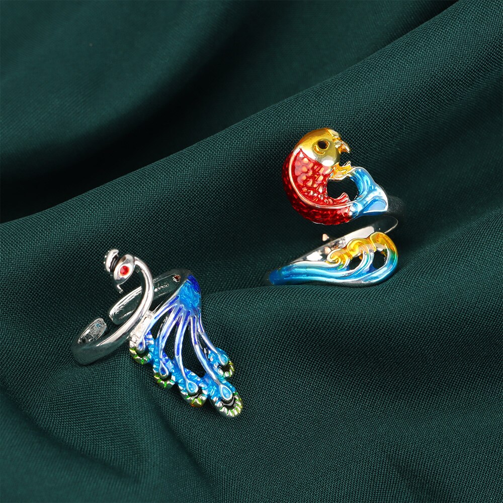 Painted Koi Peacock Crochet Loop Adjustable Open Ring Thimble Yarn Guides Sewing Hook Finger Wear Knitting Tools Accessories