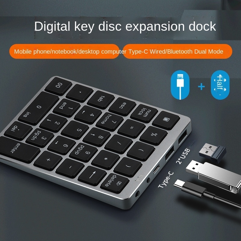 Numeric Keypad Wireless Digital Keyboard Bluetooth-Compatible Aluminium with USB Ports hub For Windows Laptop Computer Phone