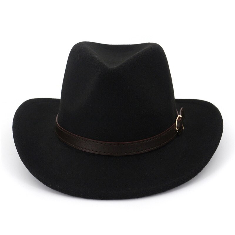 Sombrero de fieltro vaquero de ala ancha para hombre y mujer, sombrero de fieltro de vaquero con hebilla de cuero, estilo panamá Trilby Jazz, europeo y estadounidense