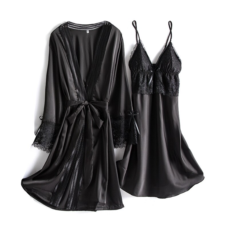 Black lace ice silk suspender nightgown main image 0