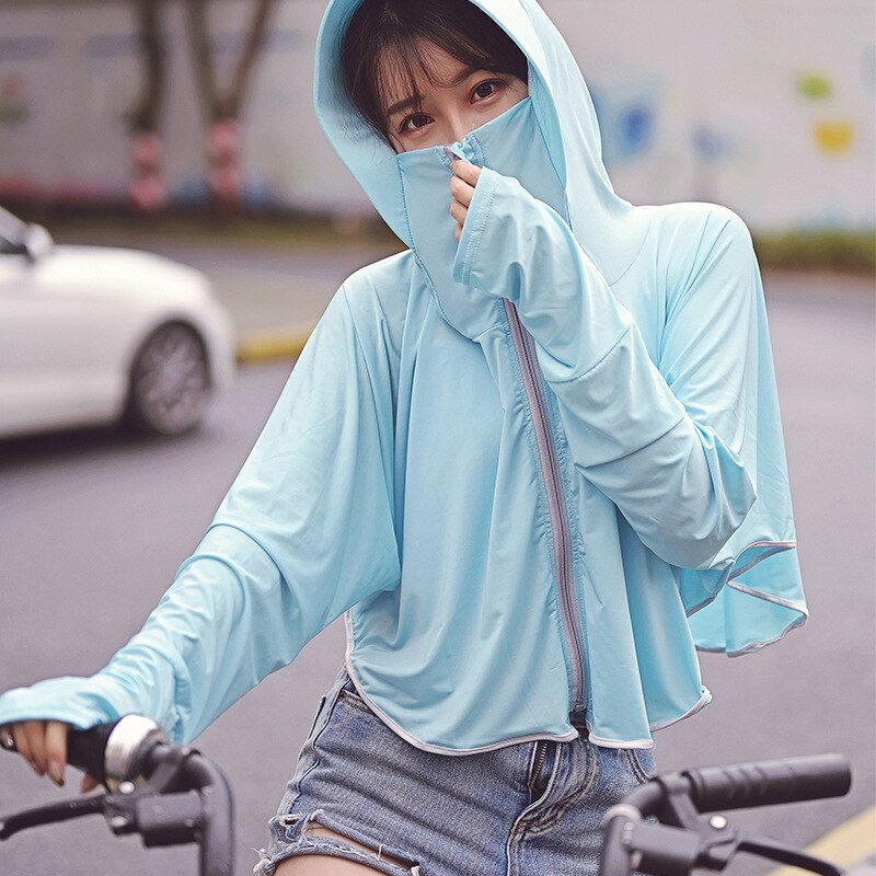 Womens Hooded Sun-protective Coats Anti-UV Tops Short Cycling Riding Jacket Breathable Quick Cool Dry: Blue