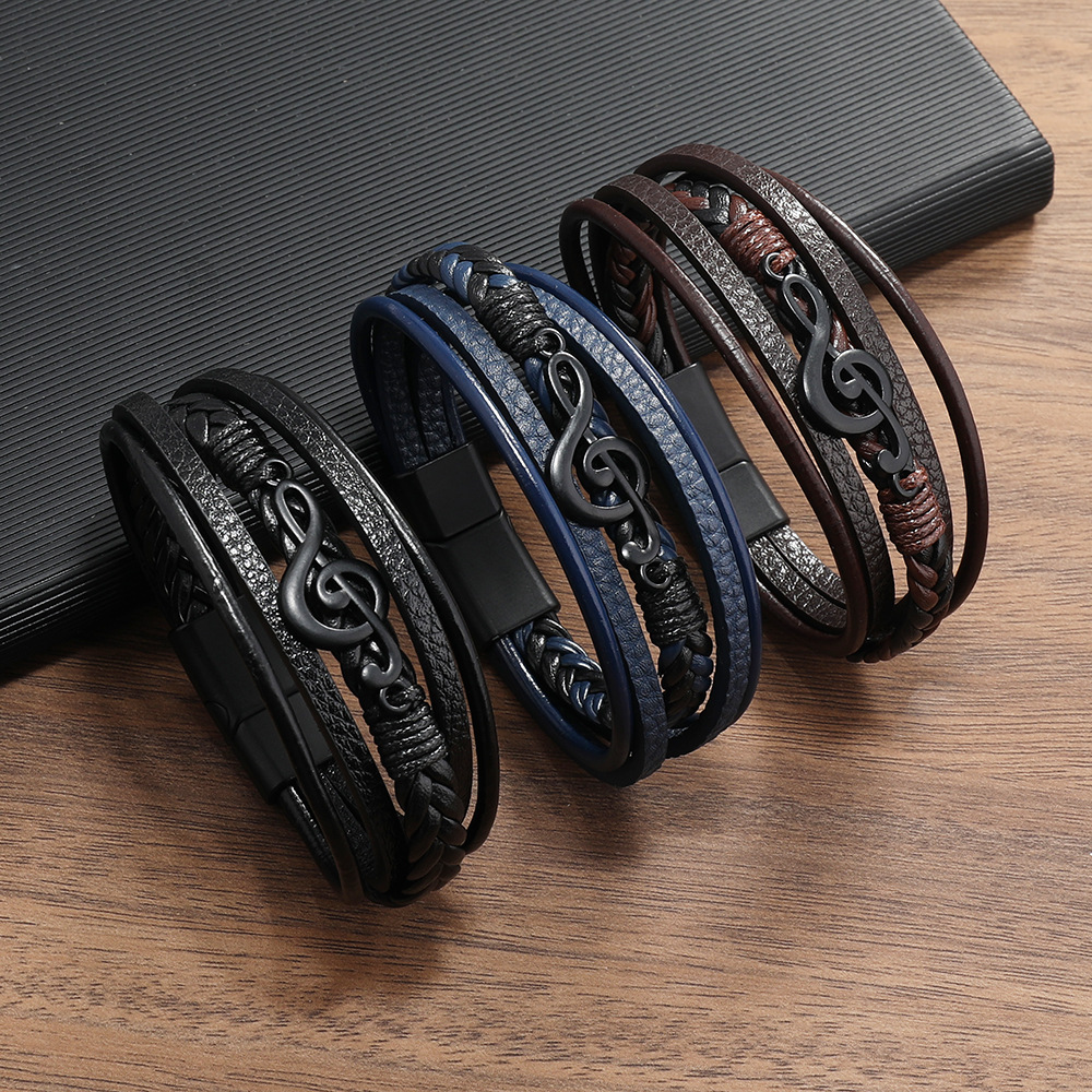 Men's Musical Symbol Leather Bracelet Vintage Men's Bracelet Music Symbol Simple Leather Multi-Layer Bracelet