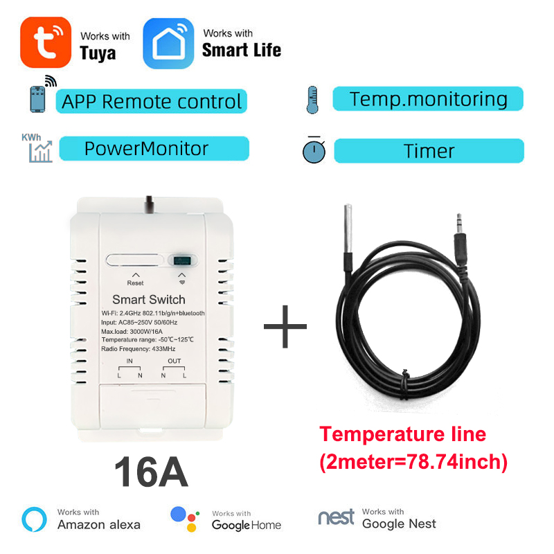 Tuya Wifi 16A20A Slimme Temperatuur-vochtigheidsschakelaar Power Monitor met Thermostaat Sonde Sensor voor Aquarium Kas Magazijn: Bundle2