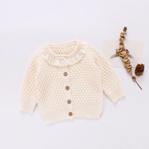 Cathery Baby Meisje Trui Jas Classic Lace Ronde Hals Ruches Single-Breasted Geribbelde Sluiten Lente Zoete Kleding Uitloper: B / 18m