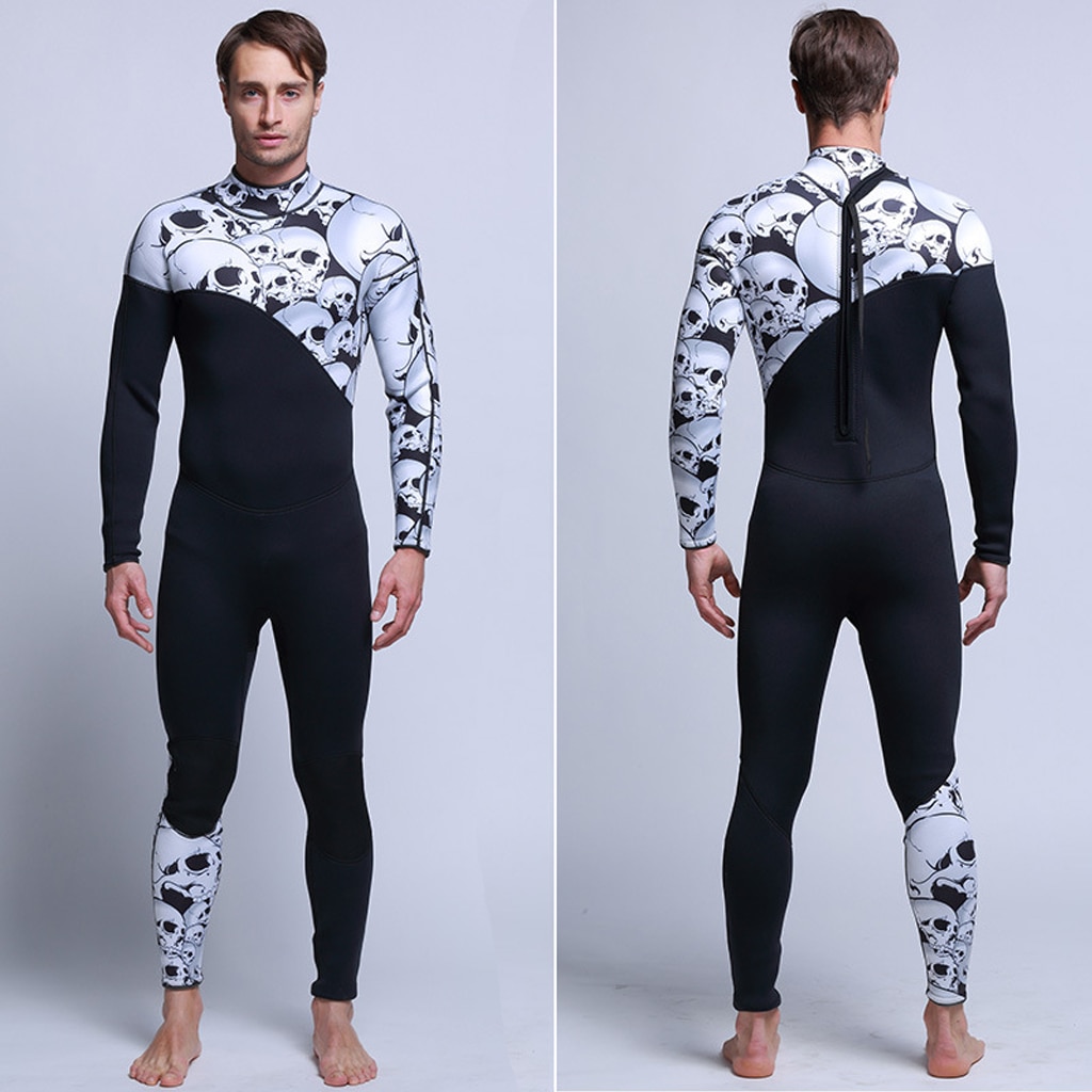 Traje de neopreno negro y calavera para hombre, traje de baño completo de 3mm, traje de surf, trajes de buceo para esnórquel, Mono