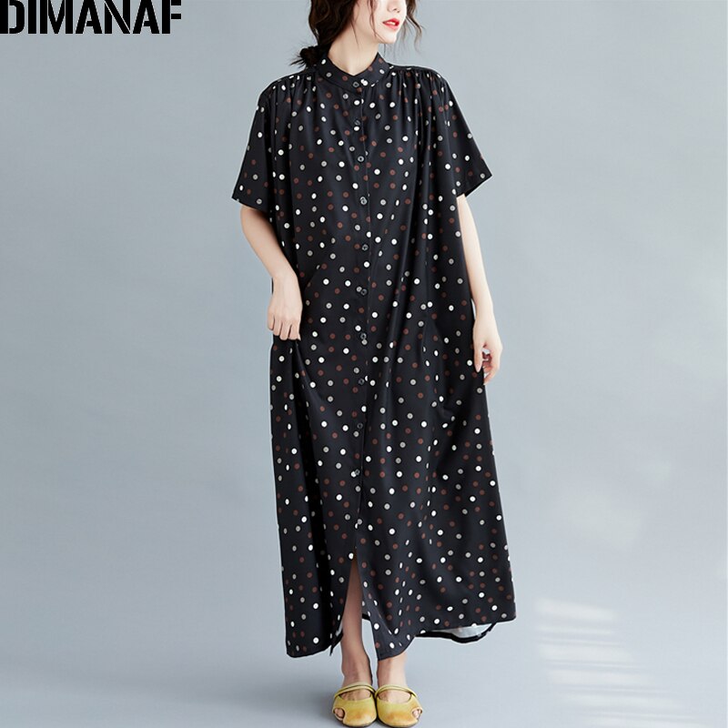 DIMANAF-vestido en tallas grandes para mujer, ropa de verano, holgado, informal, estampado de lunares, cárdigan con botones, talla grande 5XL