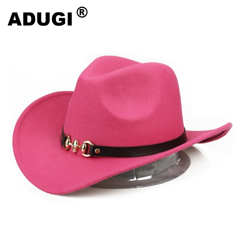 ADUGI woolen cowboy hat autumn and winter European and American jazz hat metal skull belt belt hat men and women felt hat: Rose red