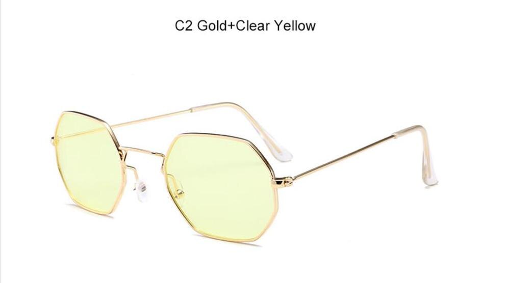 90's hexagon zonnebril vrouwen classic Platte Lens Clear Zonnebril mannen mannelijke retro kleine metalen frame zonnebril vierkante glazen: C2 Gold Yellow