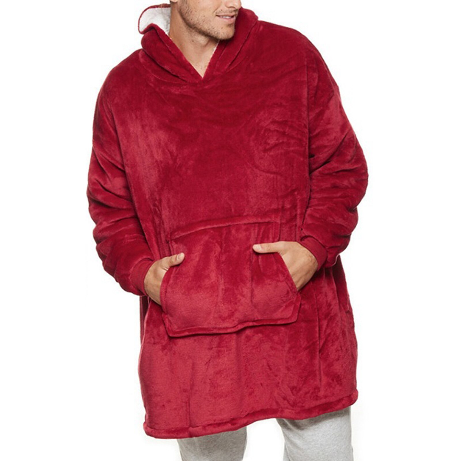 Winter Warmer Thermal Sweatshirt Soft Hoodie Comfy Nightwear Wearable Fleece Blanket Sweatshirt Bathrobe for Women Men Junior: Red