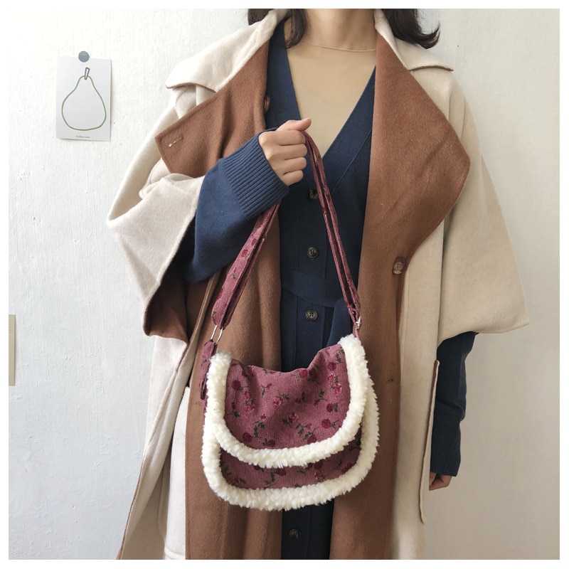 Women&#39;s Small Shoulder Bag Corduroy Lamb Cashmere Stitching Luxury Handbag Bolsa Feminina Crossbody Bag