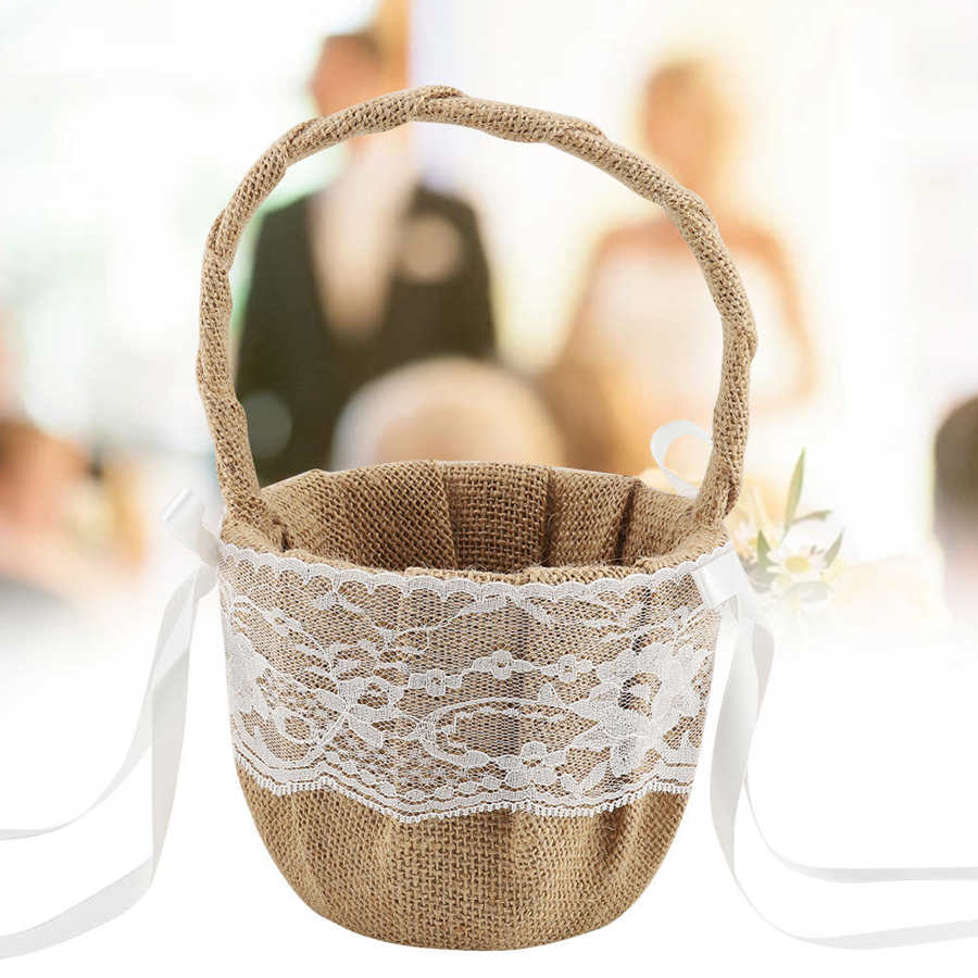 Boda Vintage cesta de lino de algodón y lino Material de encaje de canasta para flores boda, cesta de la muchacha de flor blanca cesta