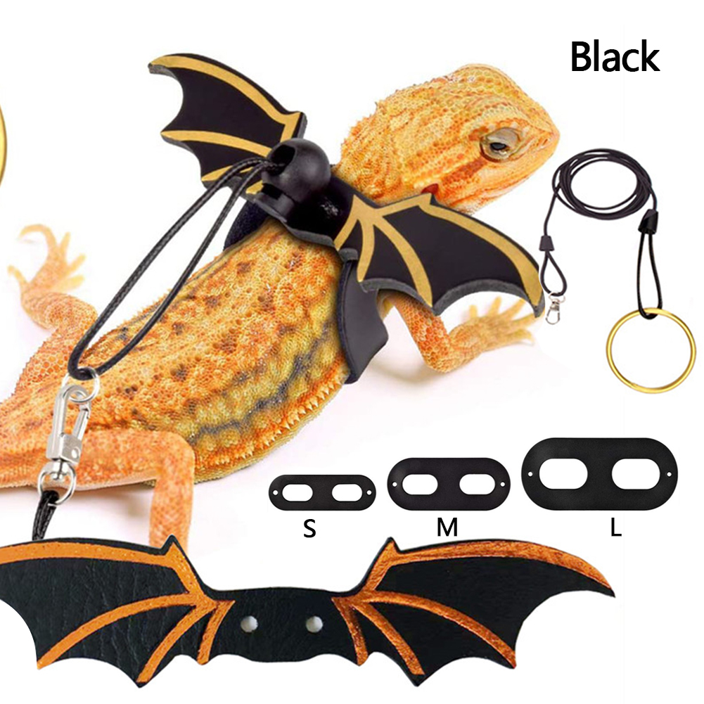 3pz corda di trazione in pelle lucertola regolabile con ali rettile guinzaglio drago barbuto imbracatura anti-morso guinzaglio forniture per animali domestici: nero