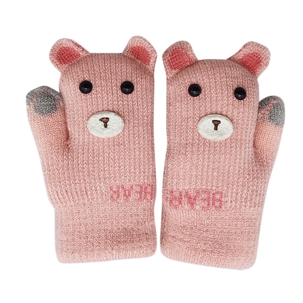 freundlicher freundlicher Winter-Halfter Insgesamt Finger Bär oben Kaschmir Druck Handschuhe детская одежда Kind kappe Plüsch Hütte Ohrenschützer Deckel # e25: Rosa