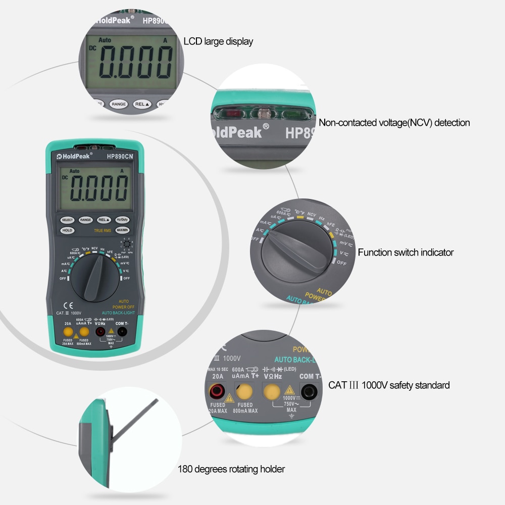 Holdpeak HP-890CN Lcd Digitale Multimeter Dc Ac Voltage Current Meter ...