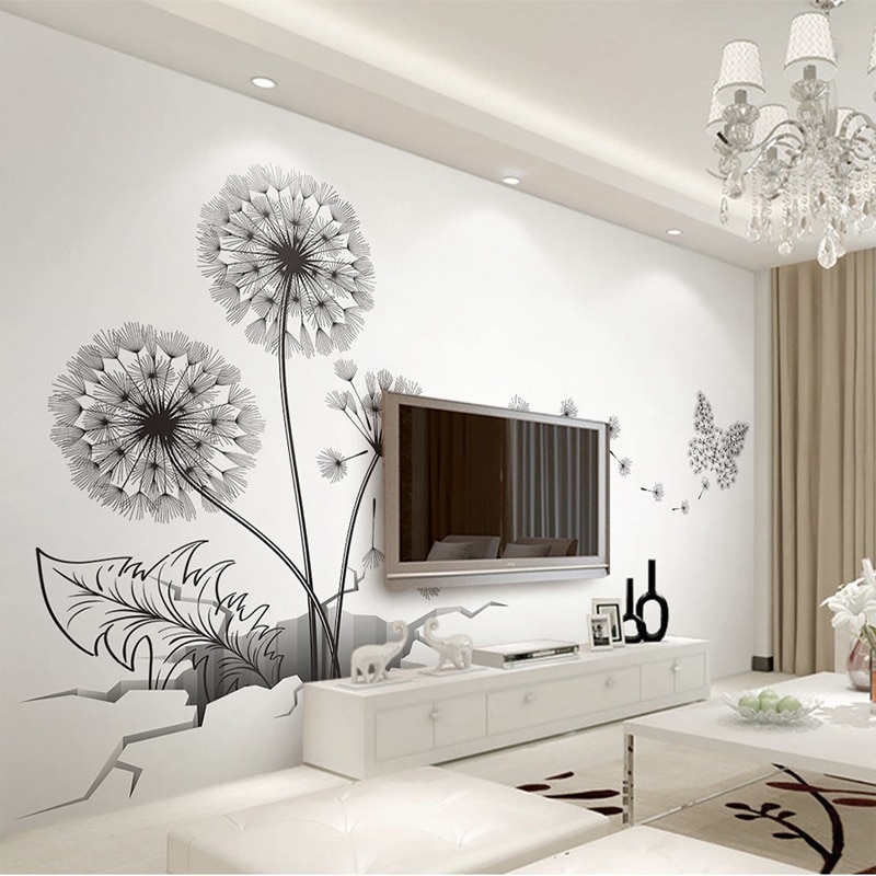 Pegatina negra, calcomanías creativas para cubierta de pared de diente de león, calcomanías de vinilo removibles para el hogar, decoraciones para el salón