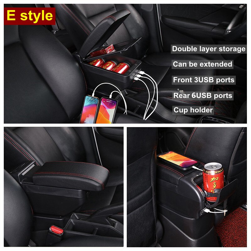 Car Armrest box For Hyundai I10 Rotatable Center Centre Console Storage Box with USB interface decoration accessories: E Black Red 9 USB