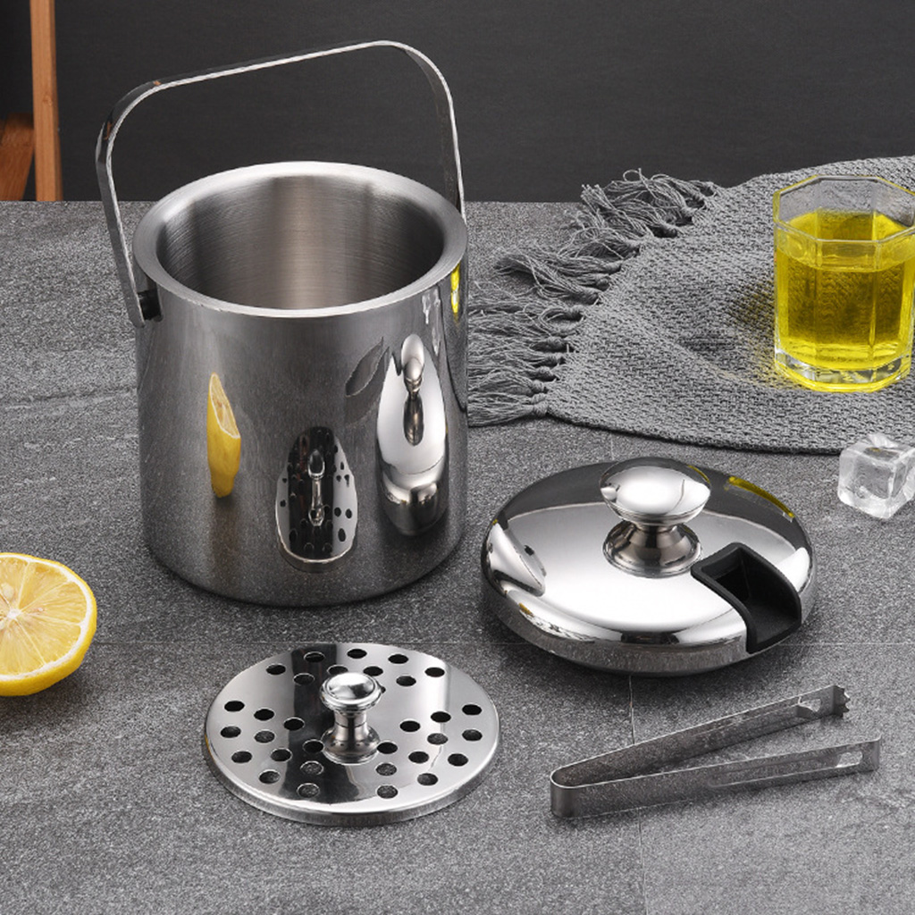 Double-Wall Stainless Steel Insulated Chilling Ice Bucket with Lid Tong Handle