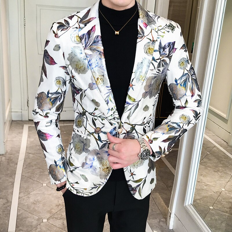 Gold Leaves Sequins Printing Suit Jacket DJ Nightclub Singers Slim Fit Men Suit Jacket Wedding Business Party Clothing Dress