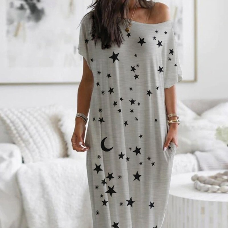 Hors épaule étoile imprimé femmes robe de nuit O cou manches courtes poche ample femme robes longues été dames Homewear