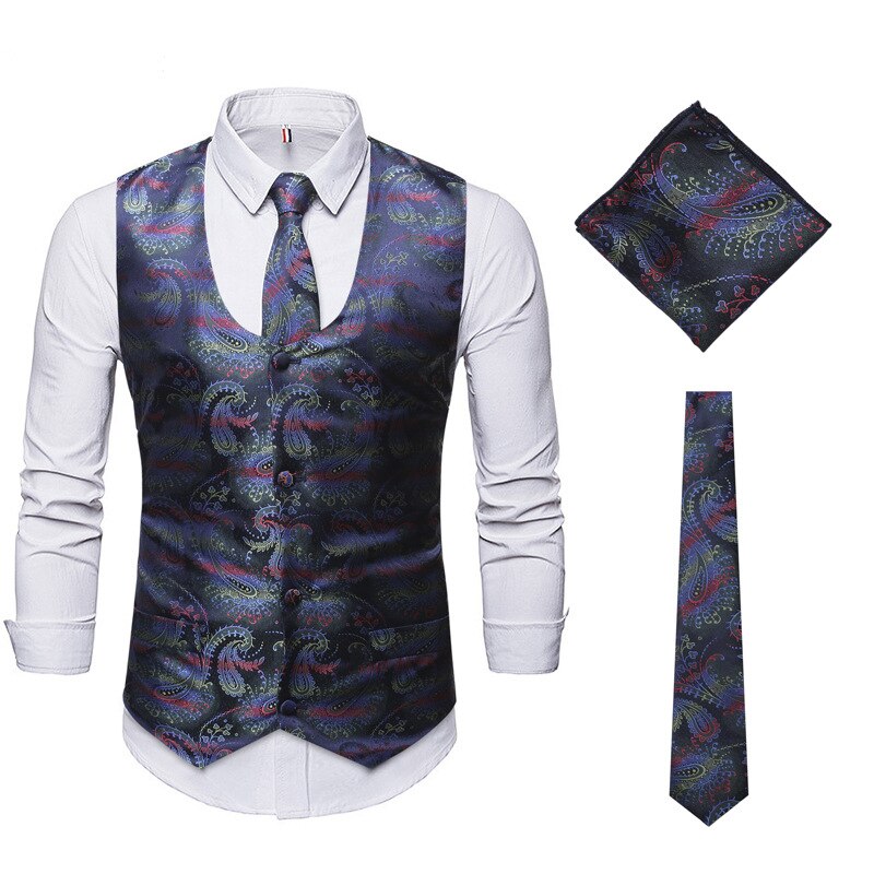 3 pièces ensemble Homme vert Paisley Gilet cravate poche carré ensemble fête mariage smoking Costume Gilet Gilet hommes Gilet Costume Homme XXL: green / XL