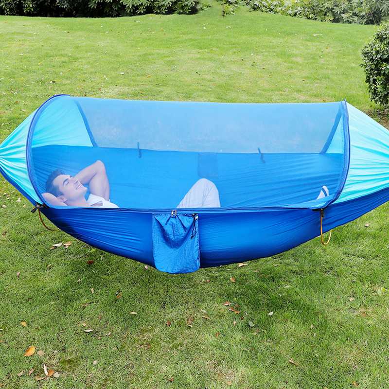 Dobbelt hængekøje telt 210t nylon vandtæt udendørs camping myggenet hængekøje automatisk hurtig åben pop-up bærbar hængekøje: Blå