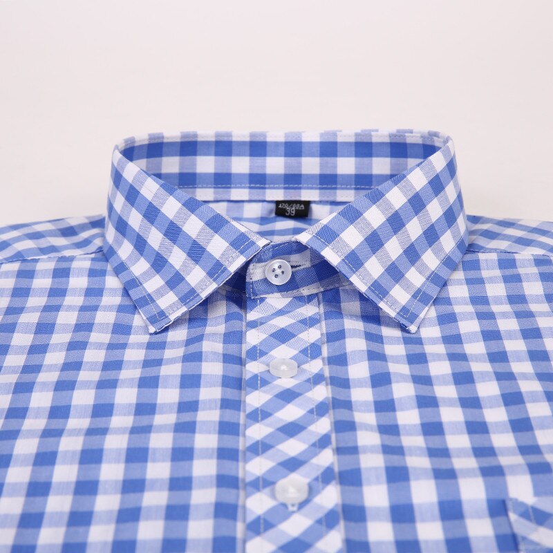 Summer Short Sleeve blue Plaid Shirts Men Casual Shirts square collar loose fit Shirts with front pocket 100% cotton