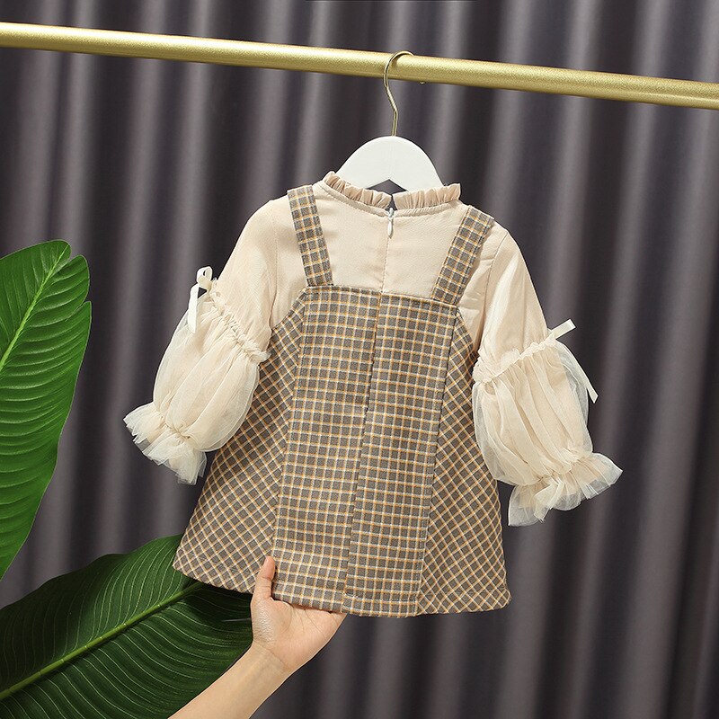 Filles automne Plaid faux deux pièces manches bouffantes robe de princesse Style britannique jupe décontracté complet au-dessus du genou, Mini coton régulier