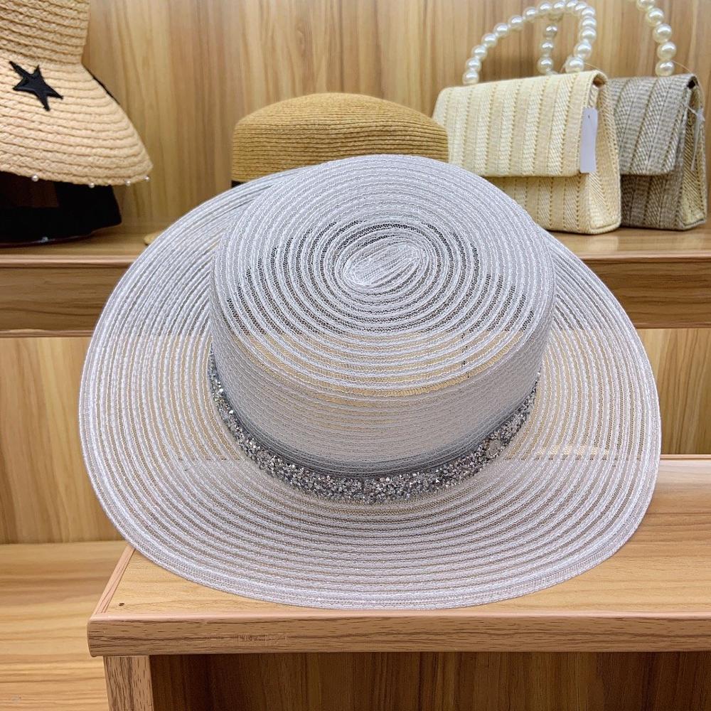 Klassieke Vrouwen Zon Hoeden Opvouwbare Ademend Wit Zwart Kerk Hoed Voor Dames Rhinestone Band Zomer Hoed Platte Schipper Strand Hoed