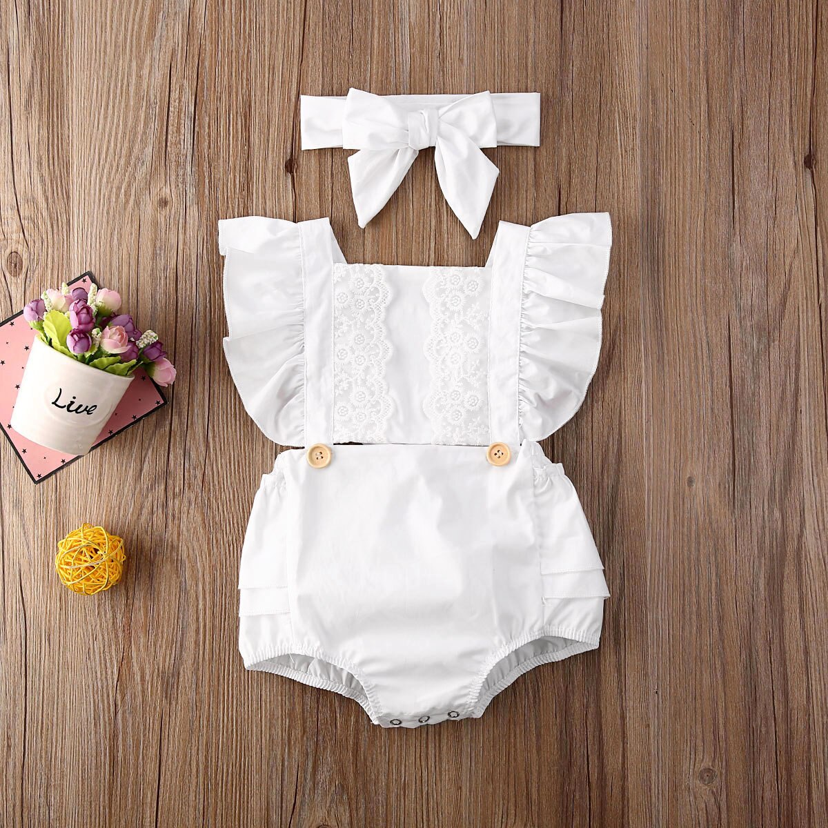 0-24M Säuglings freundlicher Baby Mädchen Jungen Bodys Stirnband Blumen- Spitze Rüschen Kurzarm Overall Stirnband 3 Farben