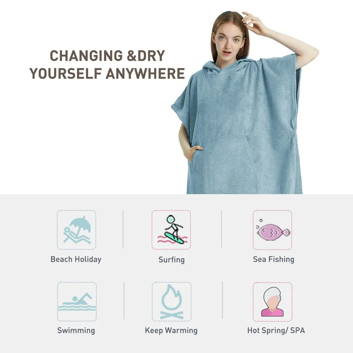 Surfen-Poncho, Handtuch-Poncho, schnell trocknendes Handtuch, Kapuzenpullover, Mikrofaser, Strandmantel, Wickelponcho, Badetuch, Strandponcho für Erwachsene