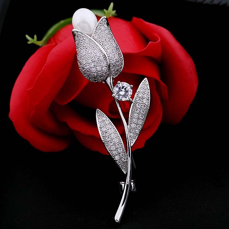 Red Trees Brand Classic Rose Flower Brooches For Women Wedding With Luxury AAA Cubic Zirconia Christmas Box Package