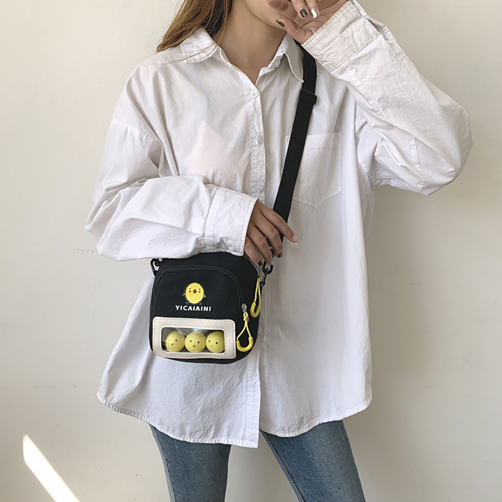 Women Canvas Crossbody Bag Contrast Color Cute Chick Print Shoulder Messenger Bags Ladies Small Handbag For Students #YJ
