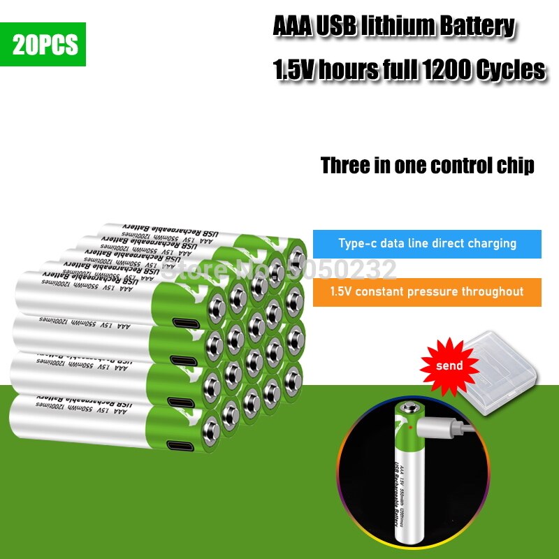 AAA Rechargeable Batteries - 1.5V 550mWh USB Li-Ion - Pack of 4, 8, 12, or 20