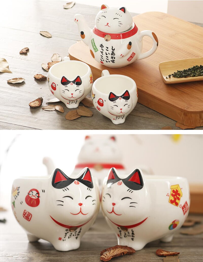 Cute Lucky Cat Porcelain Tea Set Cartoon Ceramic Tea Cup Pot with Strainer Lovely Plutus Cat Teapot Mug Teaware