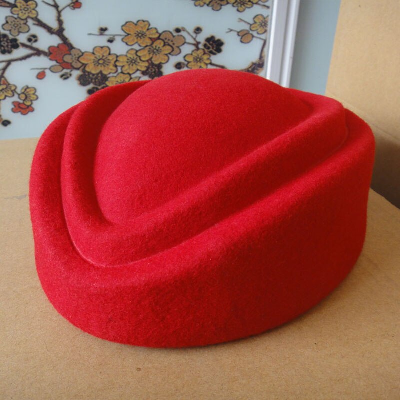 Gorro de lana pura , sombrero para azafata de 7cm de altura, pasador sólido, sombrero de cóctel, boina, Base para sombrero de mujer: Rojo