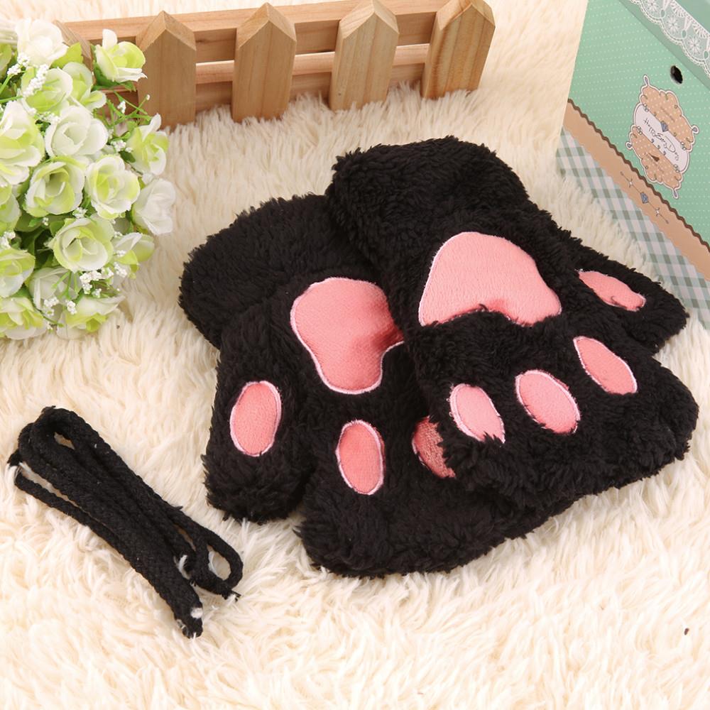 Chaleur sans doigts en peluche gants moelleux Bearr griffe/chat Animal patte doux belle mignon femmes demi doigt couvert costume gants: Black