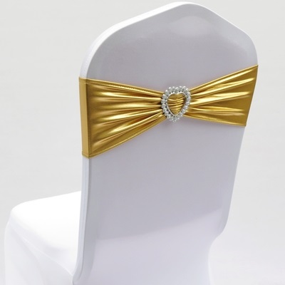 Skinnende metallisk guldfarve spandex bånd lycra sash til stolebetræk sash med hjerte form spænde bryllup dekoration
