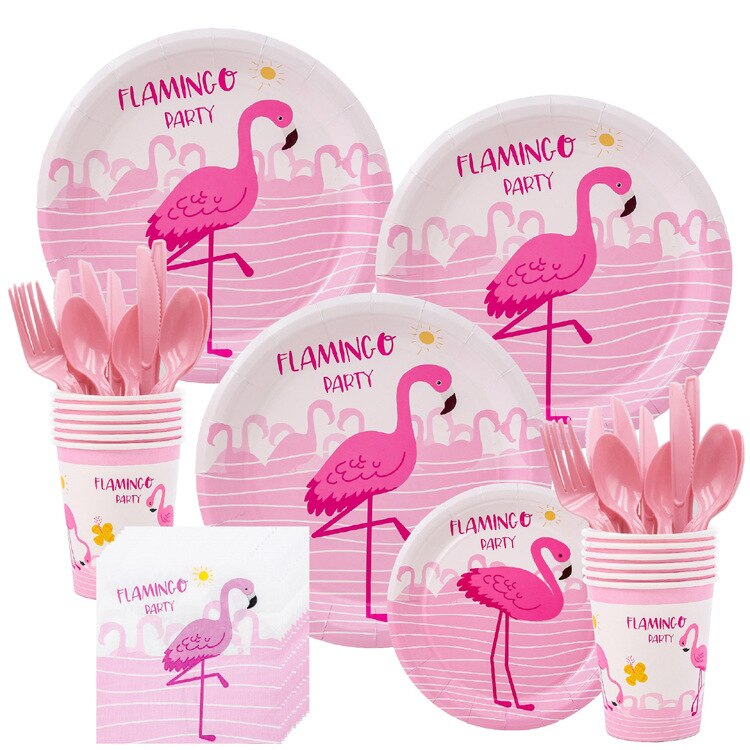 Juego de vajilla desechable de flamenco rosa para niños y niñas, servilletas, vasos, servilletas, decoración de feliz cumpleaños