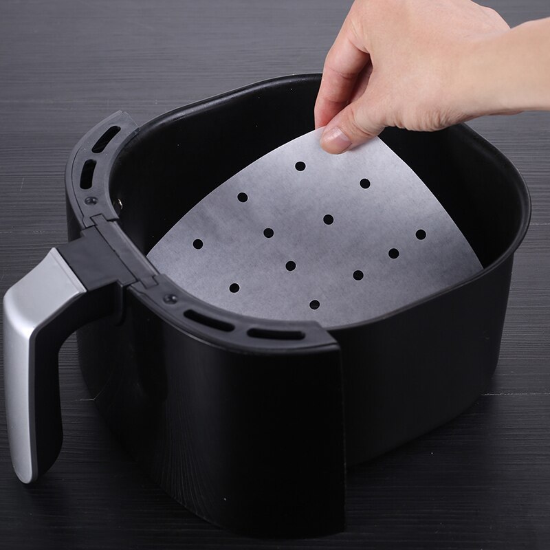 Feuilles de cuisson jetables pour friteuse à Air, papier perforé, 100 pièces, 6/7/8/9 pouces, papier à l'huile de Barbecue antiadhésif, pour cuisson à la vapeur