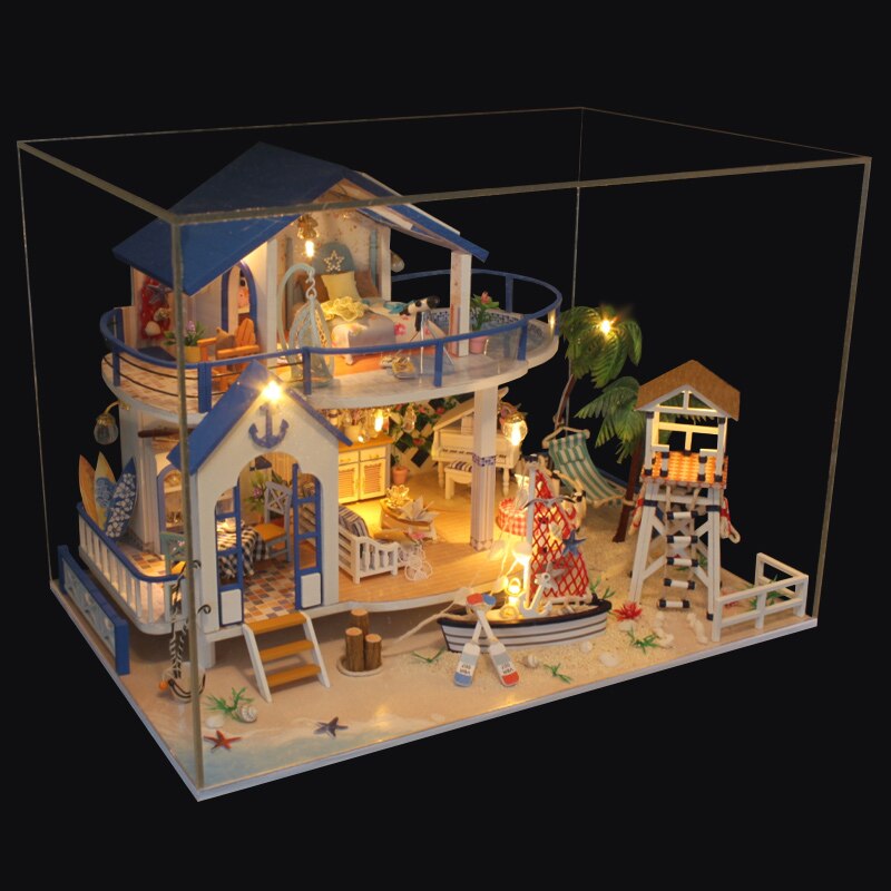 Zabawki dla dzieci DIY doprowadziły domek dla lalek na morze miniatura willa z meblami drewniany dom pokój zestaw modeli robić składania prezenty dla dzieci zabawkowy dom dla lalek: z kurz pokrywa