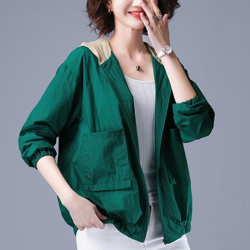 Jackor dam sommar chic patchwork huva koreansk solskydd kvinna jacka matchande tunna femme korta kappor oversize 5xl