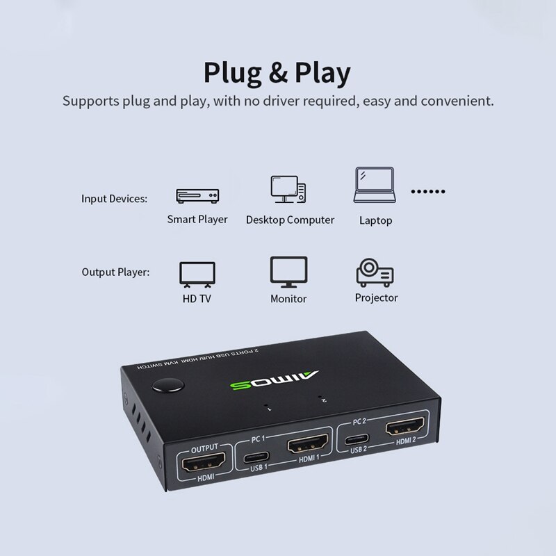 AIMOS 2-Port HDMI KVM Switch Support 4Kx2K@30Hz HDMI KVM Switcher for Keyboard Mouse Printer U-Disk HUB