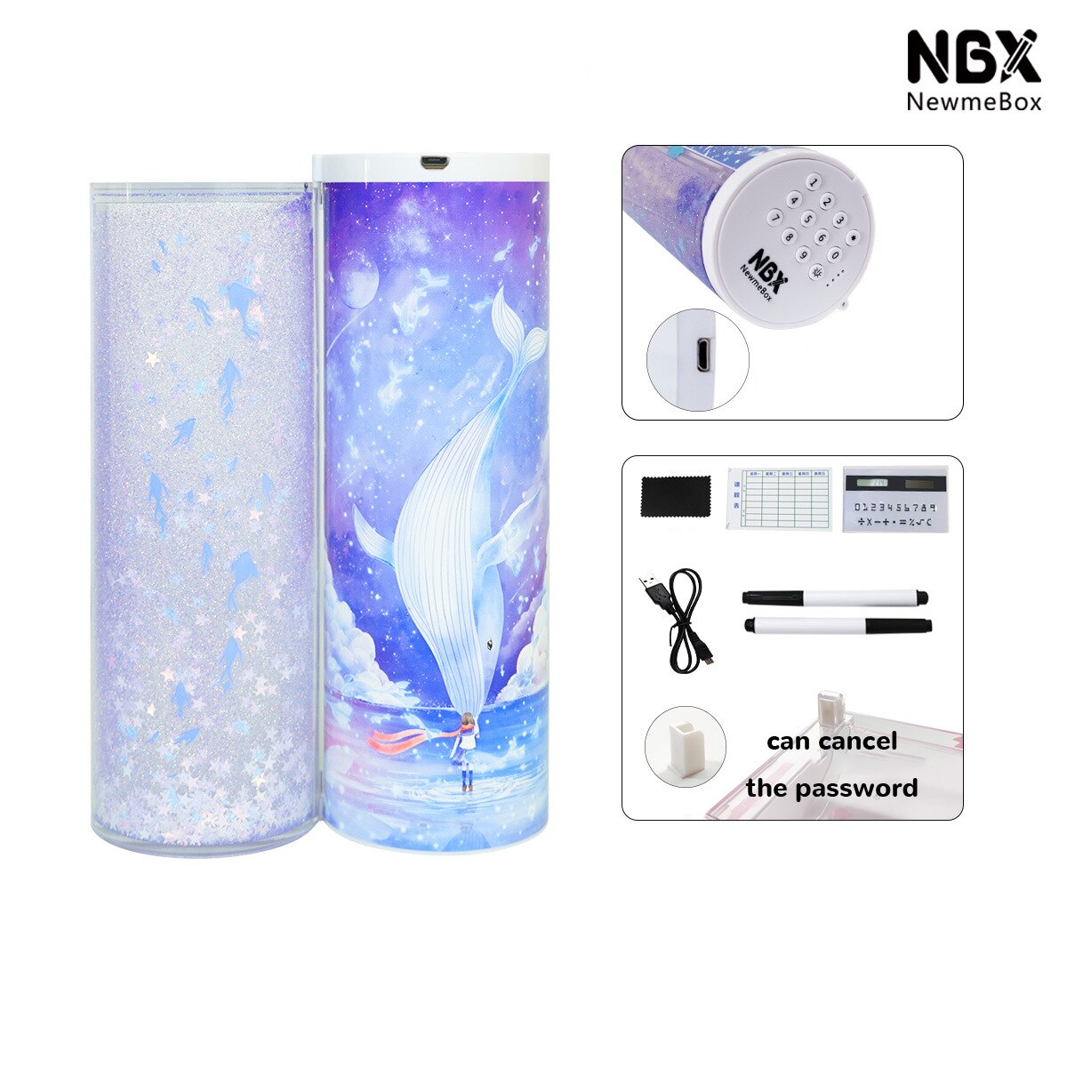 Pencil Case Kawaii Translucent Quicksand NBX Solar Calculator Pencil Box Estojo Escolar School Supplies Password Estuche Escolar: Q