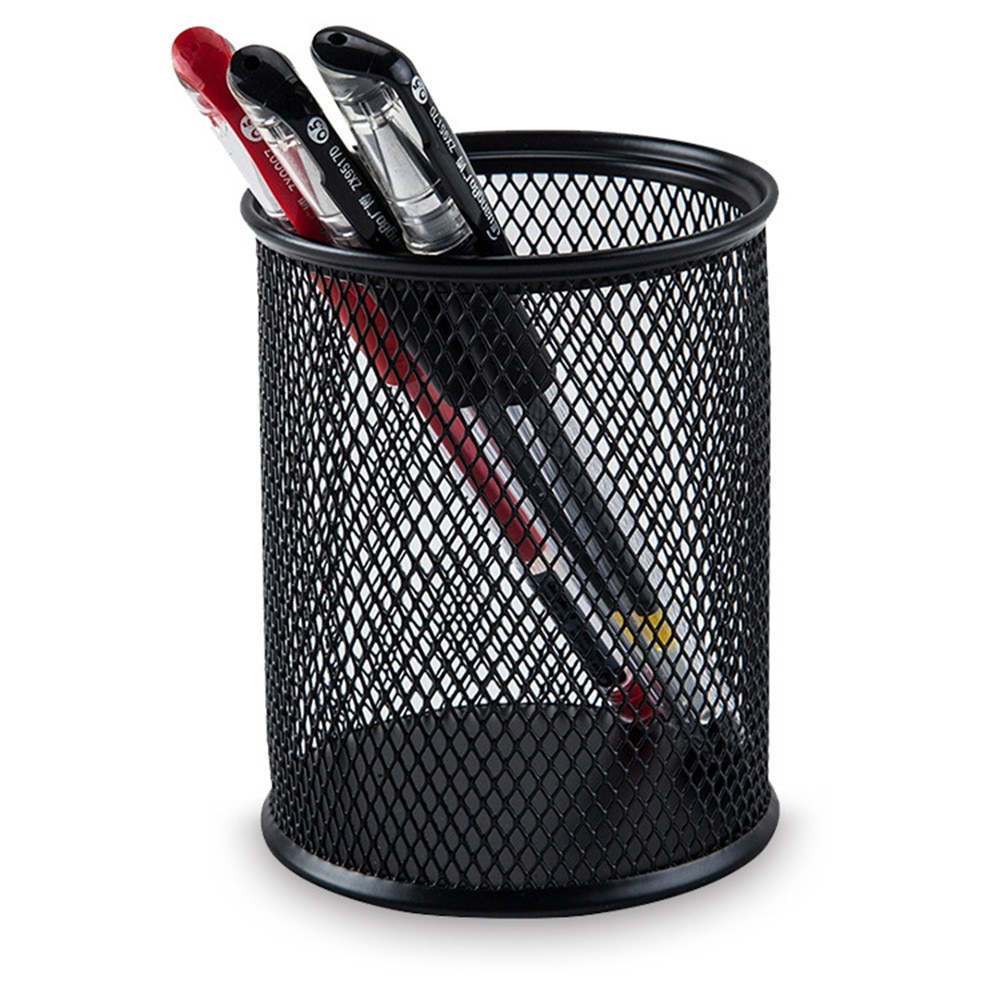 Steel Metal Mesh Cylinder Pen Pencil Eraser Stationery Round Pen Holders Office Accessories Holder Container Pen Cas Desktop