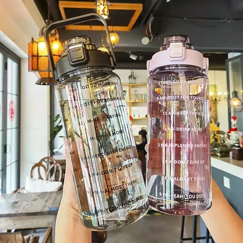 2l Draagbare Waterfles Grote Capaciteit Plastic Stro Water Cup Drinkfles Met Tijdmarkering Voor Buitensporten Fitness