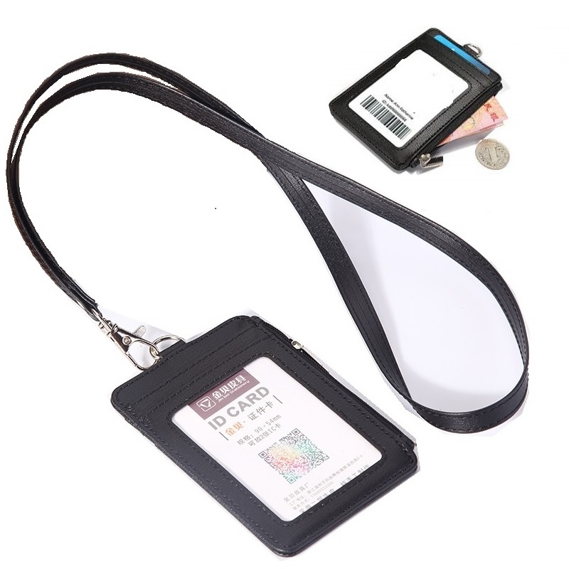 Pu Lederen Id Badge Houder Met Rits Porte Bus Pass Case Cover Slip Mannen Vrouwen Bank Credit Card Houder met Polyester Lanyard