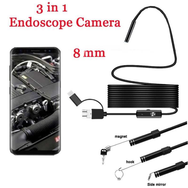 8mm 3 in 1 Endoscoop Camera USB Mini Camcorders Waterdicht 6 LED Borescope Inspectie Camera Endoscoop voor Android Smartphone