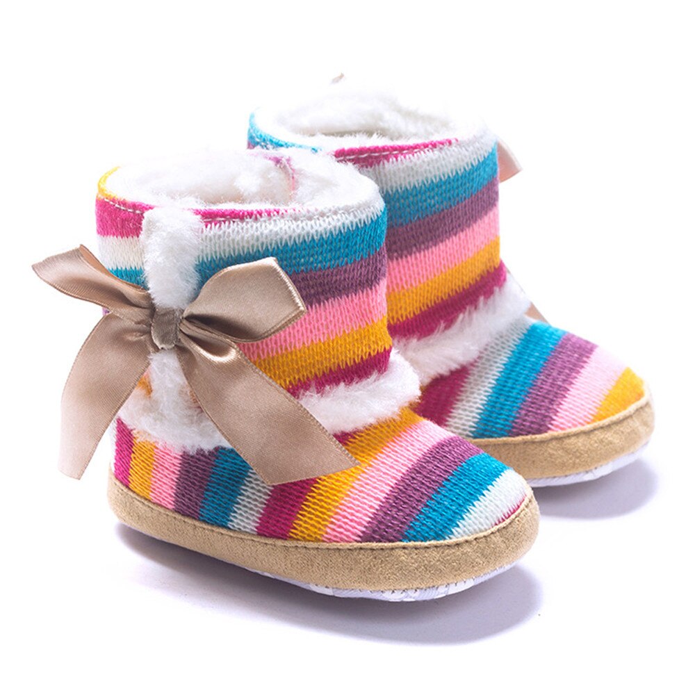 Infantil do bebê meninas arco-íris impressão arco macio sola botas de neve criança crianças menina macio berço sapatos inverno quente botas de algodão adequado para 0-18 m bebê meninas